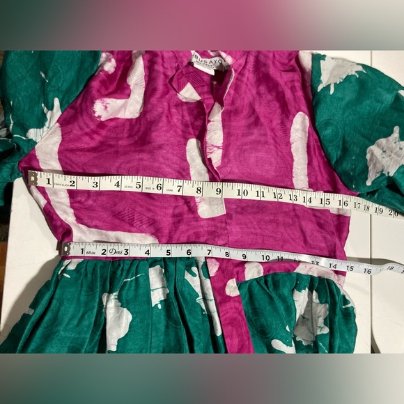 Busayo Tayo Mixed Batik Colors Midi Dress Puff Sleeves Pockets Size Small - Picture 15 of 16